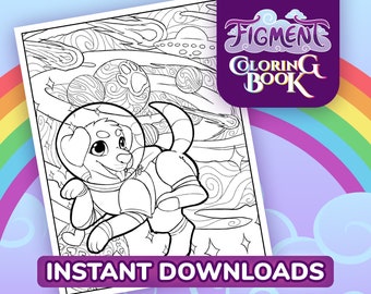May include: A black and white line art coloring page depicting a cartoon dog in an astronaut suit, set in a space scene with planets and a spaceship. The image includes the text "Figment Coloring Book" and "Instant Downloads".