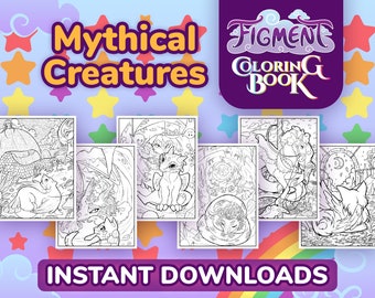Może przedstawiać: Zbiór stron do kolorowania z mitycznymi stworzeniami. Tytuł "Mythical Creatures" jest wyświetlany w kolorze żółtym i fioletowym. Logo "Figment Coloring Book" znajduje się w fioletowym pudełku. Słowa "Instant Downloads" znajdują się w fioletowym banerze.