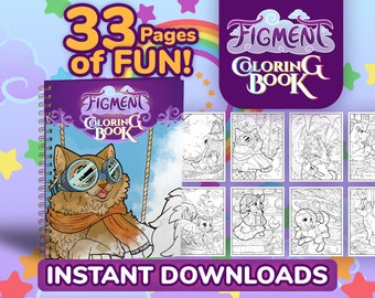 Può includere: Un libro da colorare rilegato a spirale intitolato "Figment Coloring Book" con un gatto con gli occhiali sulla copertina. L'immagine include il testo "33 Pages of FUN!" e "Instant Downloads". Vengono visualizzate diverse pagine da colorare.