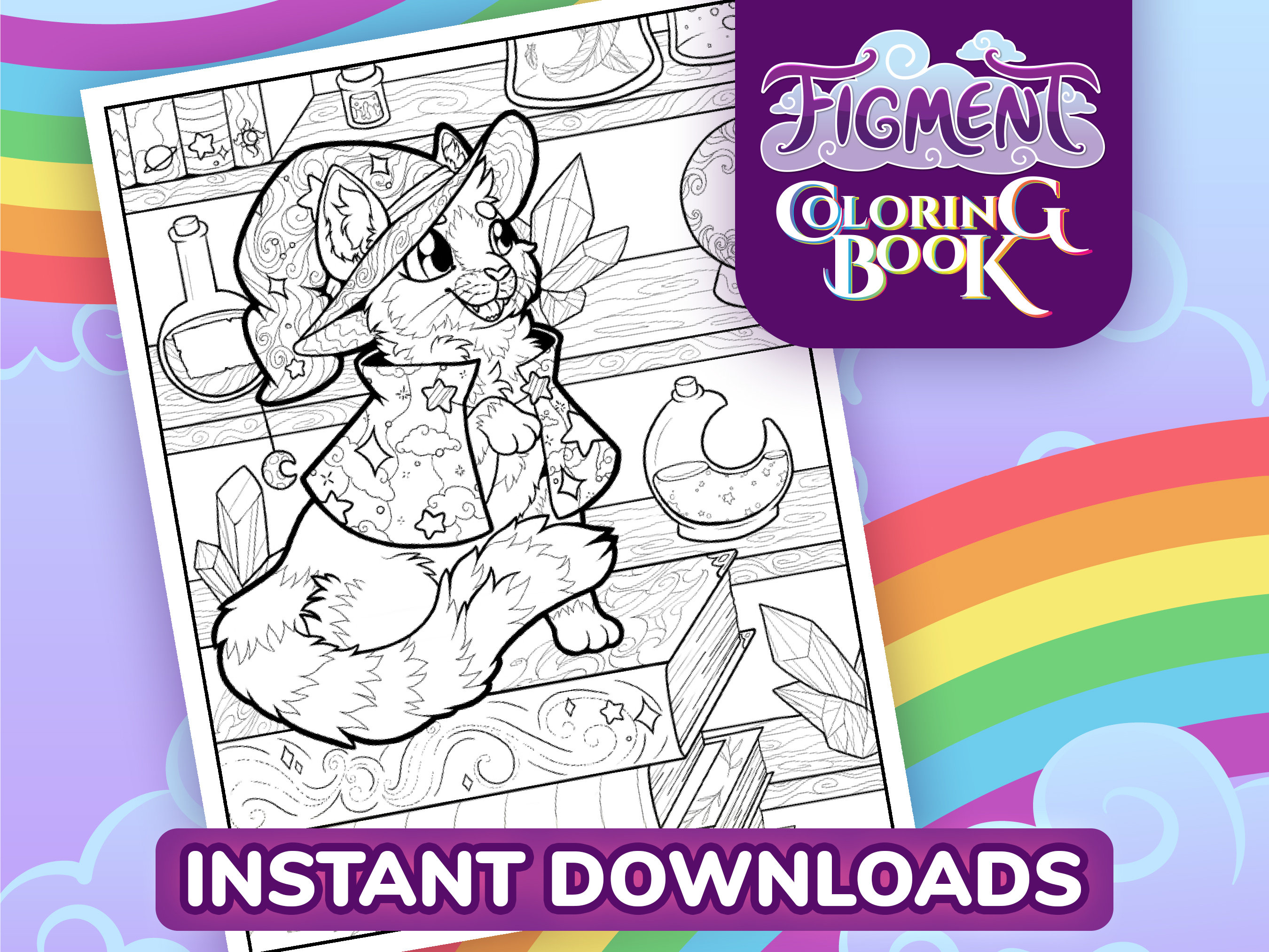 Witch Cat Coloring Book Page, Fantasy Feline Coloring Pages, Instant
