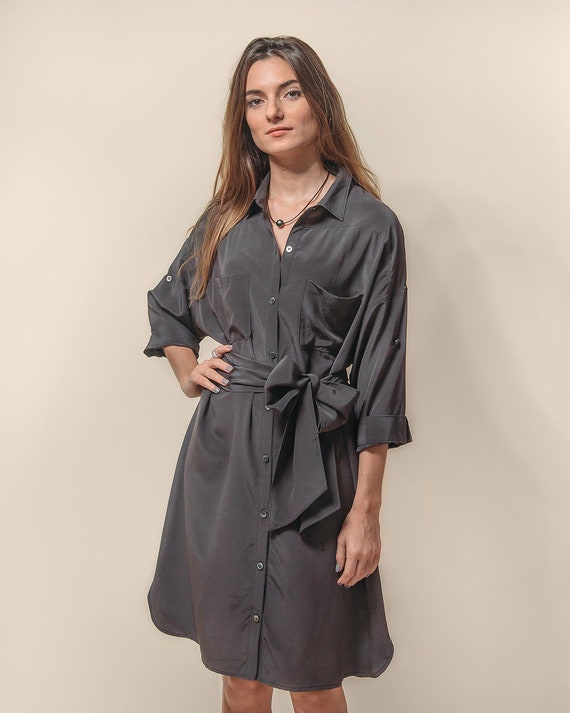 charcoal silk dress Pliss Silk Buttoned Tank Short Dress Charcoal