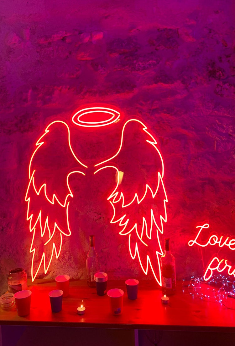 Enseigne de Mariage Au Néon Personnalisée | Enseigne Ailes d'ange Néon Pour Halloween Décoration Mur