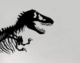 May include: Black silhouette of a dinosaur skeleton on a white wall. The dinosaur is facing right and has its mouth open. The dinosaur is in the upper left corner of the image. The wall is a light gray color.