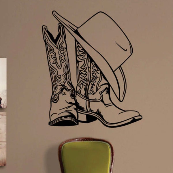 Cowboy Boots and Hat Wall Decal Art Sticker Vinyl Home Decor Girls Boys Teen Bedroom Kids Men Mom Dad Country Farm Cowgirl