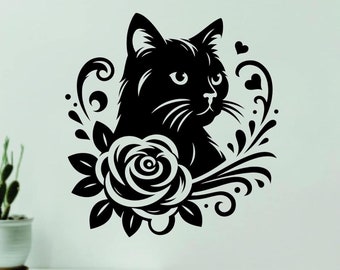Black Cat Flower Wall Decal Art Sticker Vinyl Home Decor Girls Boys Animals Vet Cute Rescue Shelter Adopt Kitten Meow Kitty Nature Pets