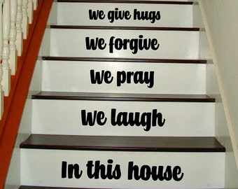 In This House Stairs v6 Quote Wall Decal Art Sticker Vinyl Home Decor Girls Boys Teen Stairway Family Inspirational Love Cute Mom