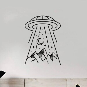 Alien Abduction UFO Montagnes Mur Décalcomanie Art Autocollant Vinyle Décoration Maison Filles École École Science Espace Crèche Planètes Zone 51 Martien
