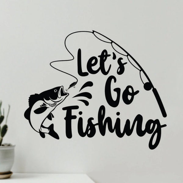 Let’s Go Fishing Quote Wall Decal Art Sticker Vinyl Home Decor Girls Boys Dad Men Man Cave Sports Fish Reel Ocean Lake River Boat Fisherman