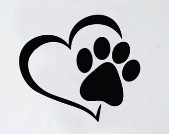 May include: Black and white paw print inside a heart shape. The paw print is centered in the heart. The design is simple and elegant.