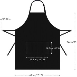 May include: Black apron with a large pocket in the front. The apron measures 84 cm tall, 77 cm wide, and 69 cm across the bottom.