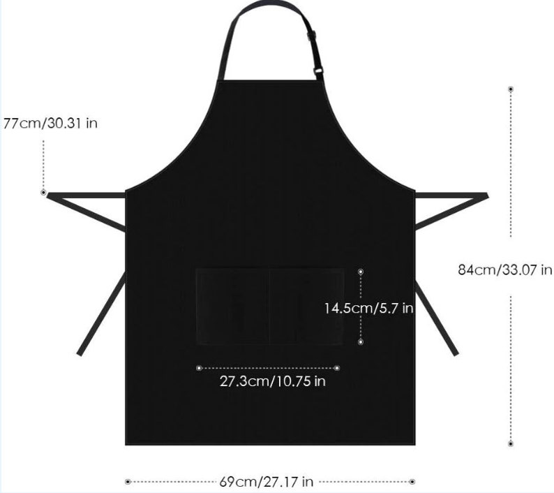 May include: Black apron with a large pocket in the front. The apron measures 84 cm tall, 77 cm wide, and 69 cm across the bottom.