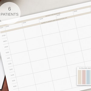 Verpleegkundig medicatieblad - 6 patiënten | Verpleegkundig Dienstplanner | Medicatie Track | Dag - Nachtdienst | Medicatie Template | Uurrooster