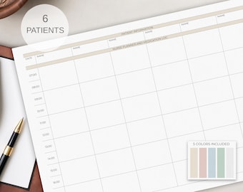 Nurse Medication Sheet - 6 Patients | Nursing Shift Planner | Medication Track | Day & Night Shift | Medication Template | Hourly Schedule