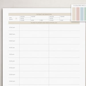 May include: A printable nurse planner and medication log template with a simple design. The template includes sections for patient information, day shift, room date code, name, age, sex, and a medication log.