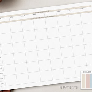 May include: A printable nurse planner and medication log template with space for 8 patients. The template includes a section for patient information, a time log from 07:00 to 18:00, and a notes section. The template is available in 5 colors.