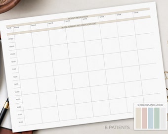 Nurse Medication Sheet - 8 Patients | Nursing Shift Planner | Medication Track | Day & Night Shift | Medication Template | Hourly Schedule