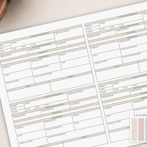 May include: Printable patient information and medical history forms with sections for room, date, name, age, sex, MD, patient background, medications, allergies, assessment, cardiac, respiratory, musculoskeletal, GI/GU, drips & IV sites, tests & procedures, and notes. The forms are in a light brown colour with white text.