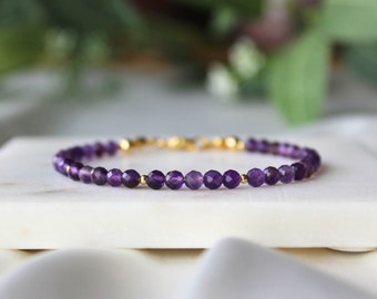 Natural Amethyst Bracelet | February Birthstone | Dainty Minimalist Boho Jewelry | Genuine Gemstone Healing Crystal Bead for Calming & Peace