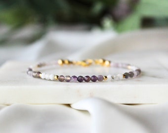 Amethyst and Moonstone Bracelet | February Birthstone | Dainty Minimalist Boho Jewelry | Genuine Gemstone Healing Crystal Beads for Calming