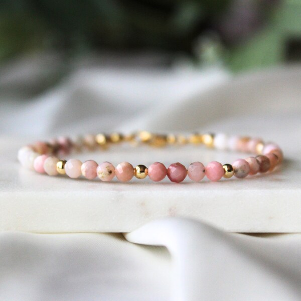 Natural Pink Opal Bracelet | October Birthstone | Dainty Minimalist Boho Jewelry | Genuine Gemstone Healing Crystal Bead for Love & Healing