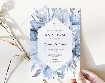 Baptism boy Invitation, modern Boho Christening Invitation Template, minimalist Printable Baptism Invite, abstract baptism invitation