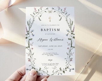 Editable Baptism Invitation, wildflower Boho Christening Invitation Template, Rustic Printable Baptism Invite, Bogo baptism invitation