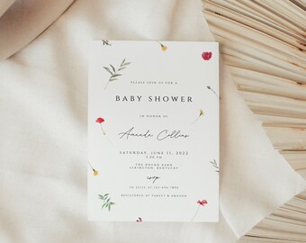 Wildflower Baby Shower Invitation, Baby Shower Invitation Template, Boho Wildflower Invite, Floral Baby Shower, DIY Editable Invite Template