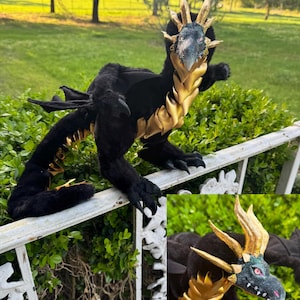 May include: A black plush dragon with gold accents on its chest, horns, and tail. The dragon has a detailed face with red eyes and is posed on a white railing against a green background. The dragon's wings are black.