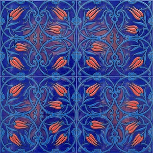 May include: A set of four square ceramic tiles featuring a repeating pattern of coral-coloured tulip blossoms intertwined with dark blue scrolling vines and leaves against a deep blue background, creating a continuous floral motif.