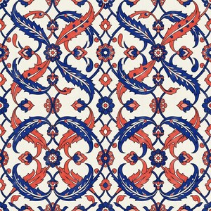 May include: A repeating pattern featuring intricate blue and coral red floral motifs on a cream background. The design consists of interconnected curved lines, stylised leaves, and small blossoms arranged in a symmetrical grid layout.
