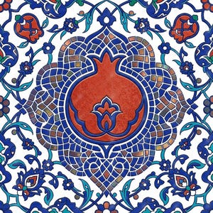 May include: A square ceramic tile featuring a central red pomegranate motif surrounded by a blue mosaic-style border. The design includes intricate blue and teal floral vines and leaves set against a crisp white background.