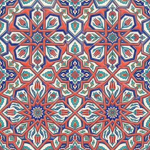 May include: A repeating tile pattern featuring intricate geometric star shapes and floral motifs in shades of red, deep blue, and turquoise on a cream background. The design includes stylised tulip shapes and interconnected lines.
