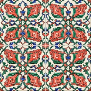 May include: A set of four square ceramic tiles featuring a repeating symmetrical pattern of stylised red floral shapes, intertwined with dark green leafy vines and small blue accents against a cream-coloured background.