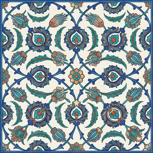 May include: A square ceramic tile featuring a repeating floral pattern with interconnected blue vines, teal leaves, and stylised flowers in shades of red, orange, and muted gold against a cream-coloured background with a blue border.