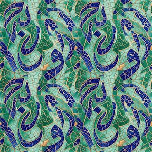 May include: A repeating pattern featuring a mosaic design with deep blue and emerald green curved shapes. The segments are separated by thin gold lines, creating a cracked, textured surface effect across the entire image.