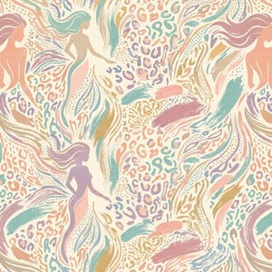 May include: A repeating pattern featuring silhouettes of figures with flowing hair, integrated with abstract brushstrokes and leopard print motifs in a soft color palette of peach, teal, lavender, and cream on a light background.
