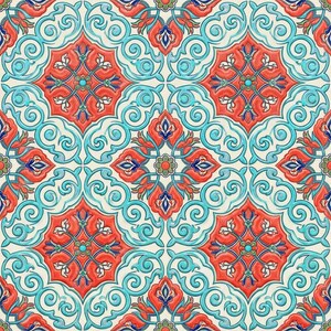May include: A repeating ceramic tile pattern featuring octagonal red floral motifs with central turquoise accents, interspersed with light blue swirling scrollwork and smaller red and green botanical elements on a cream background.