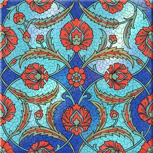 May include: A square ceramic tile featuring a repeating floral pattern with red carnations and green leaves set against a background of light blue and dark blue cracked glaze. The design includes symmetrical stems and small flower buds.