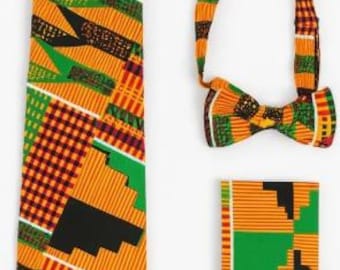 Kente Bow Tie, Pocket Square, And Necktie Set - 3 Pc Set