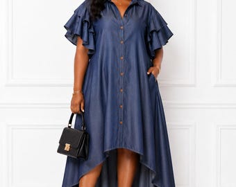 plus size denim dress 4x Women's Plus Size Denim Back Vent Raw Hem Bodycon Dresses