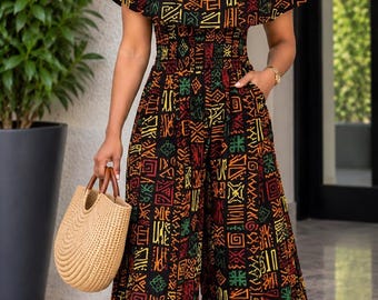 Women's African Print Off-Shoulder Wide-Leg Jumpsuit – Smocked Waist Ruffle Romper