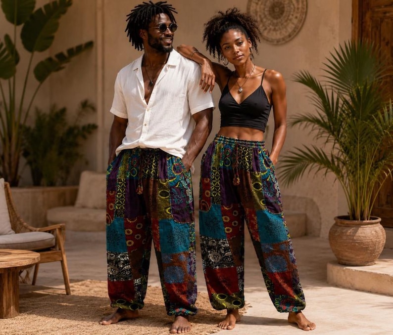 May include: Loose-fitting patchwork trousers featuring a vibrant mix of multicoloured fabric panels with intricate patterns in shades of blue, red, green, and purple, finished with a drawstring waistband and elasticated cuffs at the ankles.
