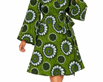 Women's African Print V-Neck Wrap Midi Dress – Long Bell Sleeve Tie-Waist Dress