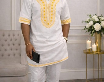 Men's White Embroidered African Outfit With Kufi Cap