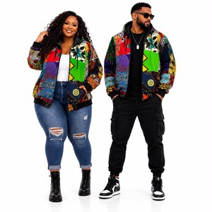 May include: Two zip-up hooded jackets featuring a vibrant patchwork design with various colorful patterns including bright green, purple, blue, and yellow geometric and floral motifs. The jackets have black ribbed cuffs and hems, a front zipper, and a hood.