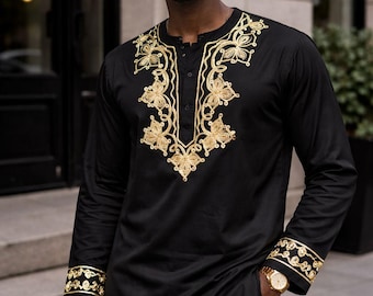 Men's Black Embroidery Long Sleeve Top With Kufi Hat