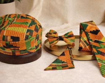 Kente Bow Tie, Pocket Square, Necktie Set, And Kufi Hat - 4 Pc Set