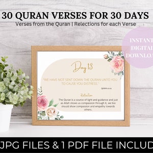 30 cartões do Alcorão Ayah com reflexão para impressão digital download | 30 Alcorão Duas 30 dias | Cartões Ramadan Dua para impressão | Versos de lembrete do Alcorão