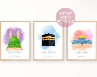 3 Holy Mosques Bundle Islamic Wall Art Printable Download | Masjid An Nabawi | Kaaba Wall Art | Masjid Al Aqsa | Islamic Kids Room Wall Art