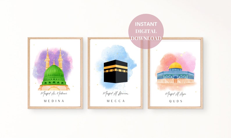 May include: Three watercolor prints of mosques in Medina, Mecca, and Jerusalem. Each print features a watercolor background with gold glitter accents and the name of the mosque and city below the image.